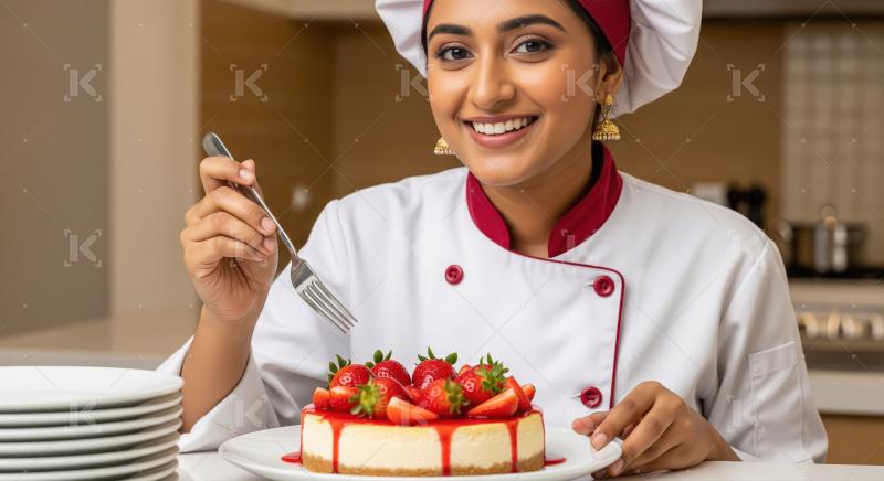 Happy Indian Female Chef Presents Delicious Strawberry Cheesecak