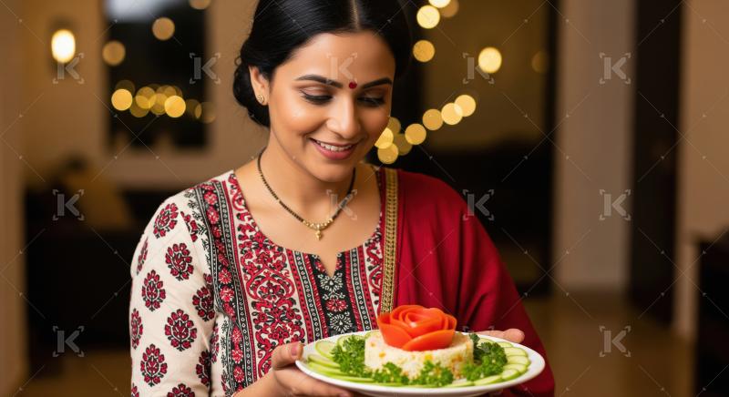 Smiling Indian Woman Presents Beautiful Traditional Festive Food