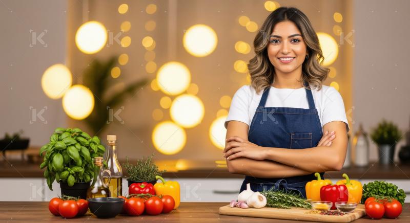 Smiling Woman Chef in Kitchen with Fresh Vegetables and Herbs