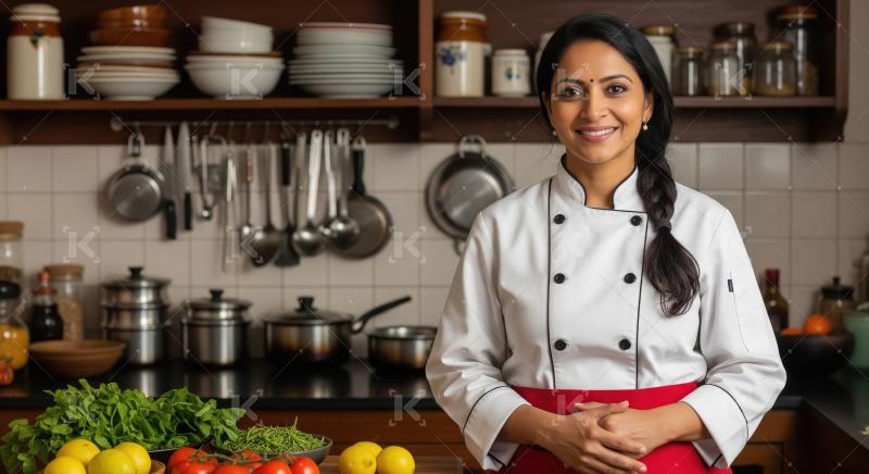 Smiling Indian Female Chef in Professional Kitchen with Fresh Pr