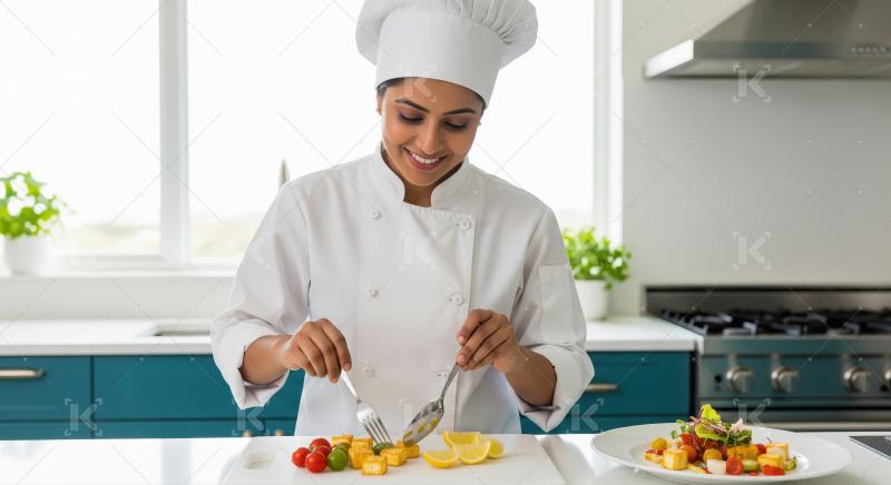 Smiling Woman Chef Prepares Fresh Healthy Salad in Modern Kitche