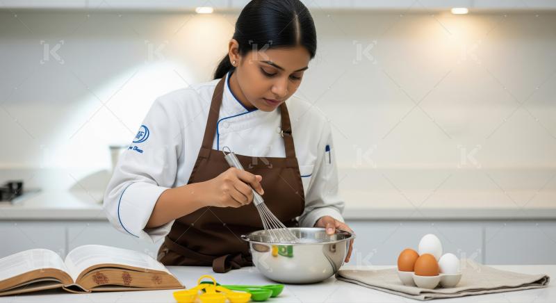 Focused Female Chef Whisking Ingredients Following Recipe in Mod