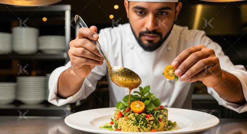 Chef Plating Gourmet Couscous Salad with Kumquats and Sauce