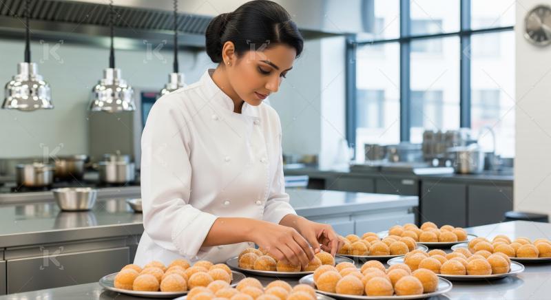 Female Chef Arranges Delicious Sugar-Dusted Pastries in Professi