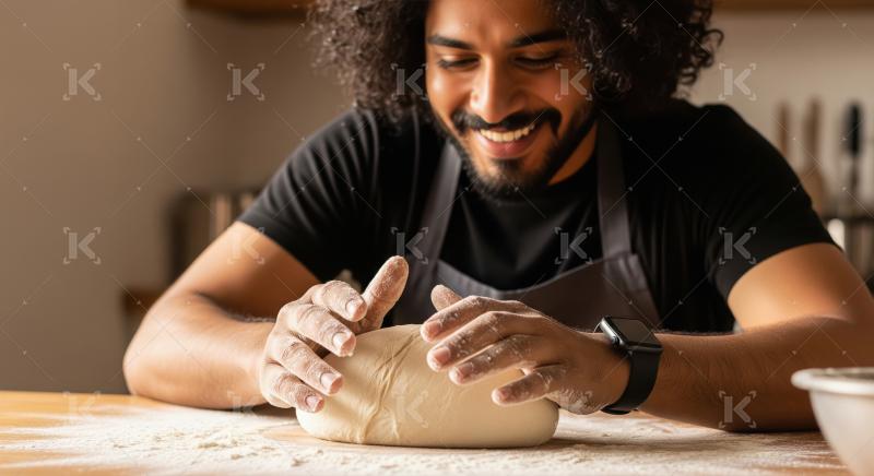 Happy Man Kneading Dough for Homemade Bread Baking