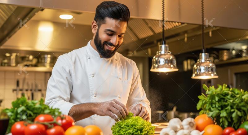 Smiling Chef Prepares Fresh Healthy Ingredients in Professional