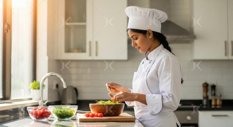 Professional female chef making fresh salad in her modern kitche