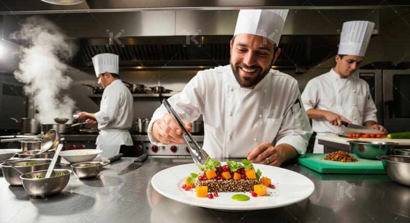 Smiling Chef Plating Gourmet Dish in Busy Commercial Kitchen