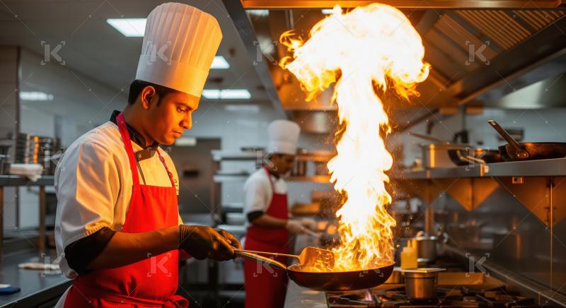 Professional Chef Flambeing Food in a Modern Restaurant Kitchen