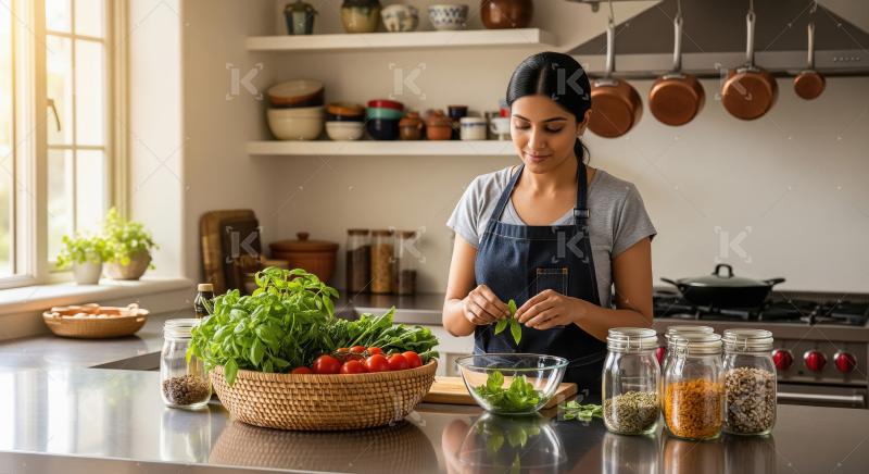 Woman preparing fresh basil leaves for cooking in a modern kitch