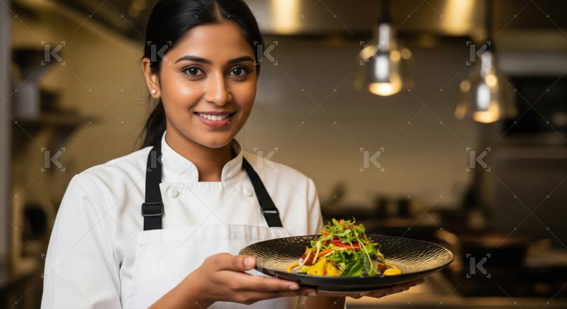 Smiling Indian Female Chef Presents Delicious Gourmet Salad