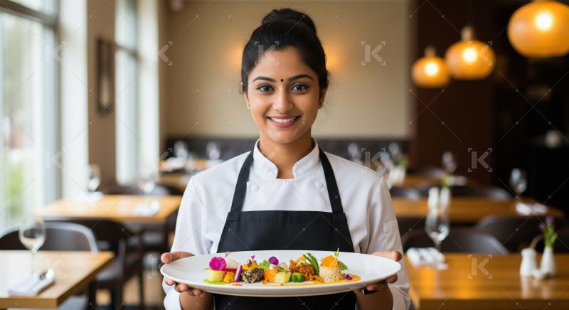 Smiling chef presents exquisite gourmet dish in elegant restaura