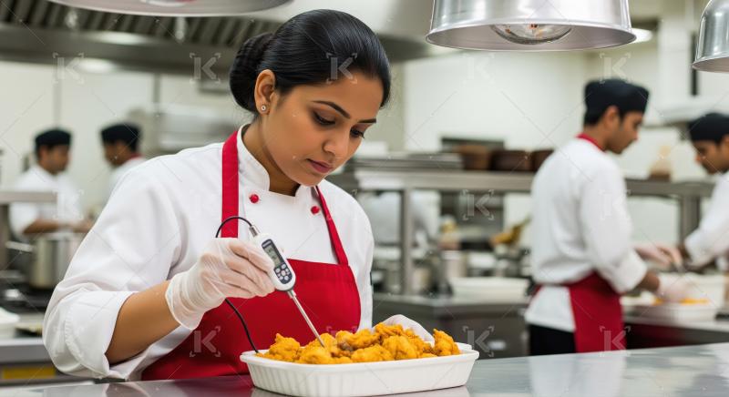 Chef measures fried food temperature for quality control and saf
