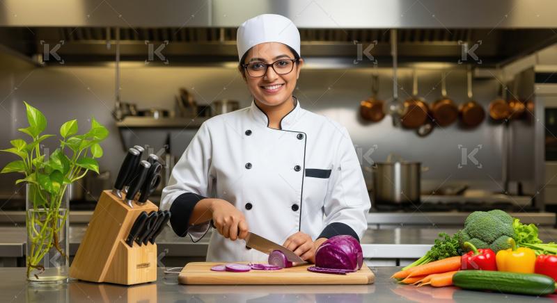 Smiling Female Chef Slicing Onions in Professional Kitchen