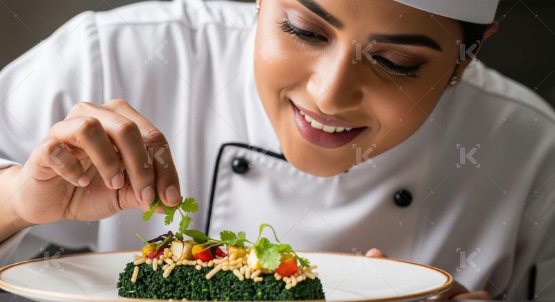 Smiling Chef Garnishing Gourmet Dish with Fresh Herbs
