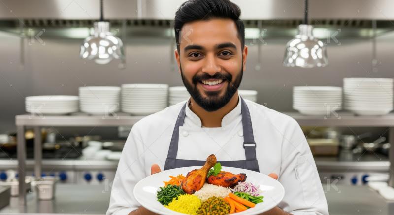 Smiling Indian Chef Presents Traditional Chicken Meal in Modern