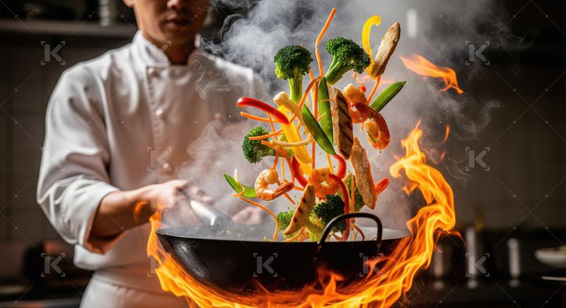 Chef stir-frying vibrant vegetables, chicken, shrimp in fiery wo