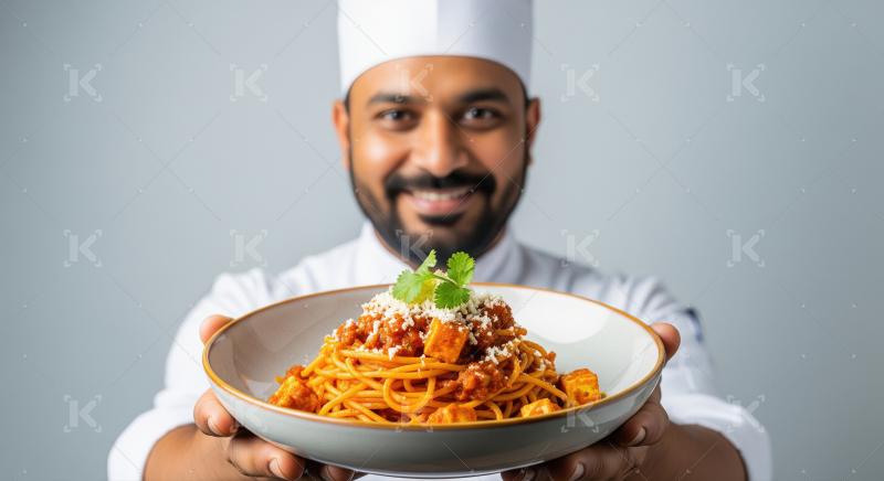 Smiling Chef Presents Delicious Spaghetti with Paneer and Cheese