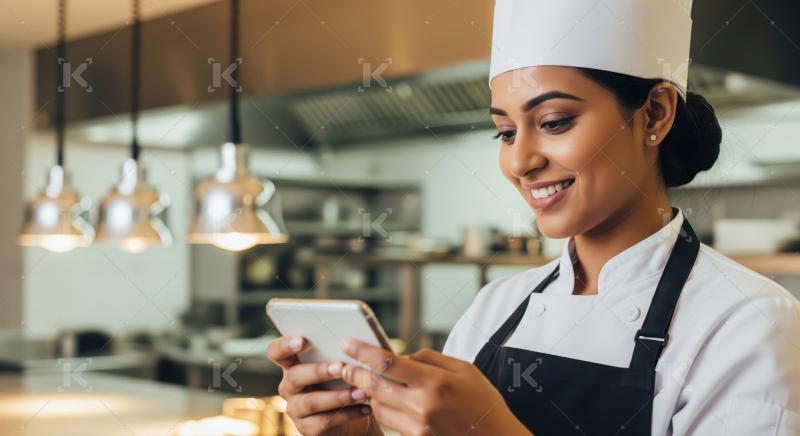 Happy Female Chef Using Phone in Modern Commercial Kitchen