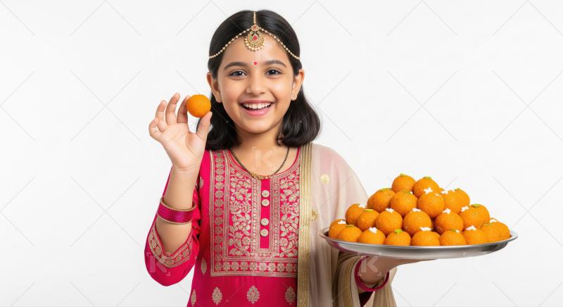 Happy Indian girl holding traditional Laddoos for celebration.