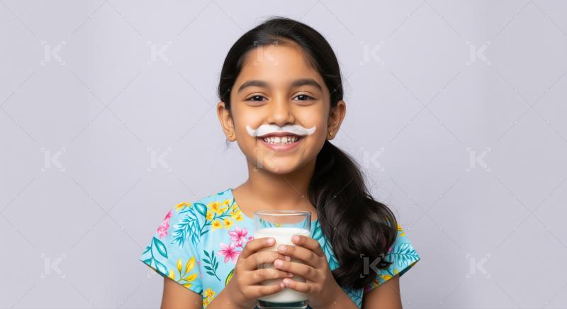 Happy Indian Girl with Milk Mustache Holding Glass