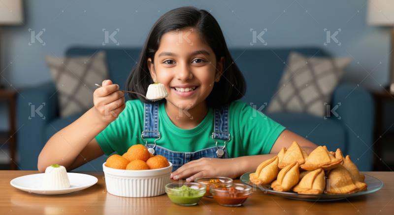 Happy Indian Girl Enjoying Traditional Sweets and Snacks