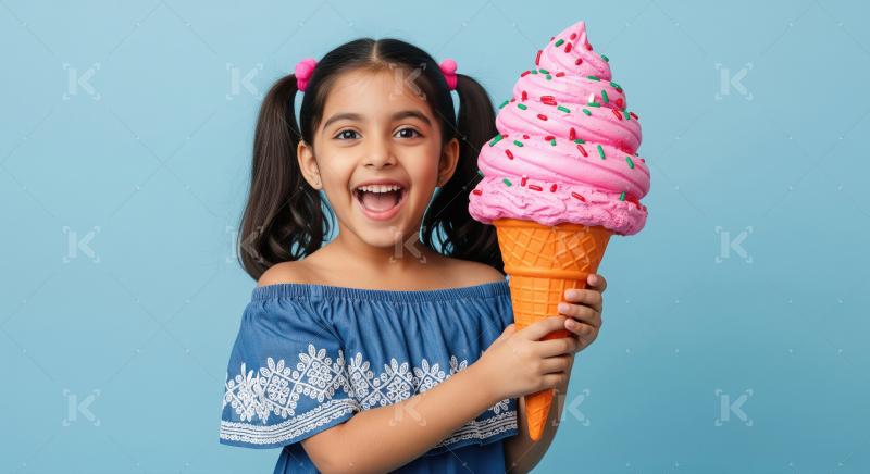 Happy girl holding giant pink ice cream cone, blue background