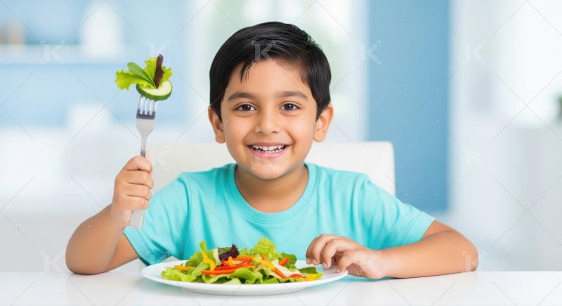 Happy Boy Enjoys Fresh Salad for Healthy Kids Meal