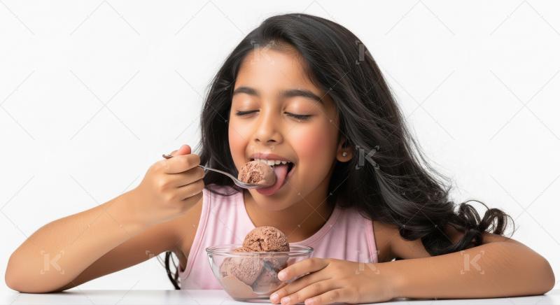 Little girl enjoying delicious chocolate ice cream happily