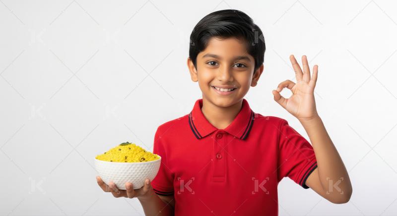 Happy Indian boy holds Poha, gives approval, smiling.