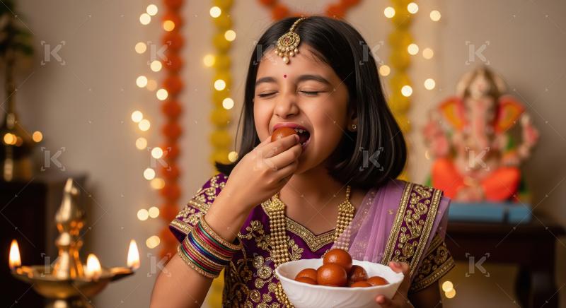 Indian Girl Joyfully Eating Gulab Jamun During Festive Celebrati