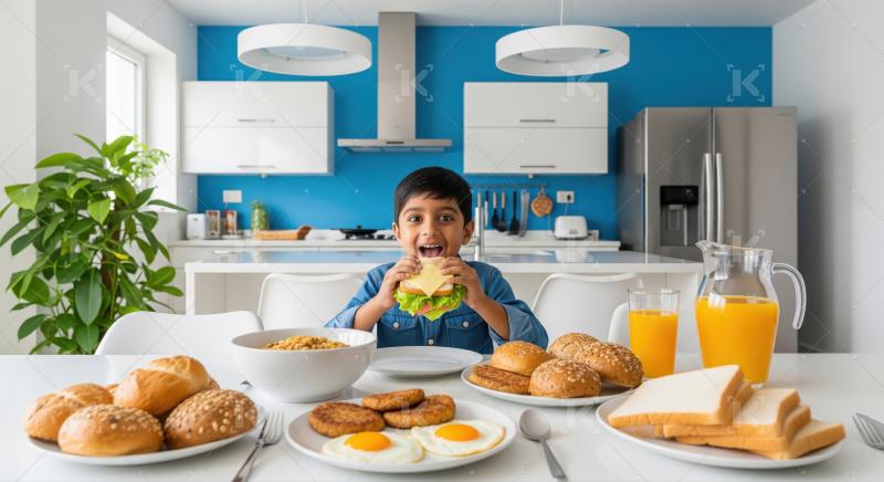 Happy Boy Eating Sandwich at Family Breakfast Table