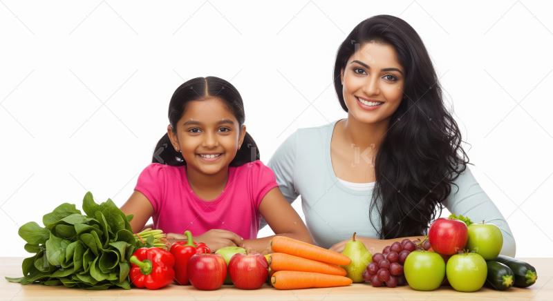 Happy Indian Women with Fresh Fruits and Vegetables