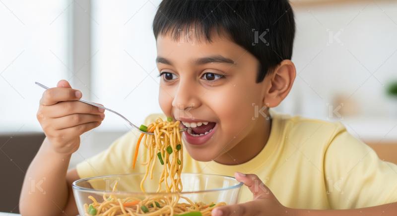Happy Indian Boy Enjoys Delicious Noodles with Fork
