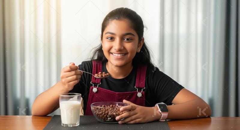 Happy Indian Girl Enjoying Healthy Breakfast Cereal and Milk