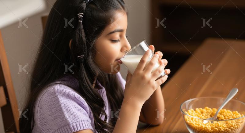 Happy little girl drinking milk with cereal for breakfast