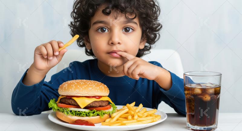 Cute boy eating fast food: burger, fries, and coke.