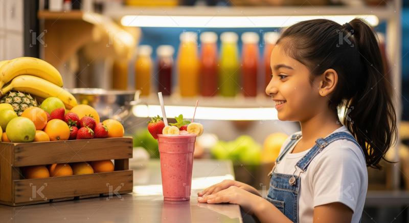 Happy Girl Enjoys Fresh Smoothie at Healthy Juice Bar