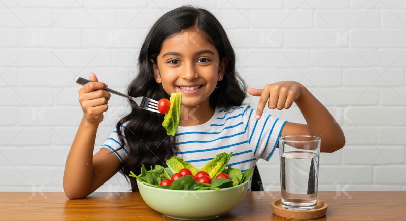 Happy Child Enthusiastically Enjoys Fresh Healthy Salad Meal