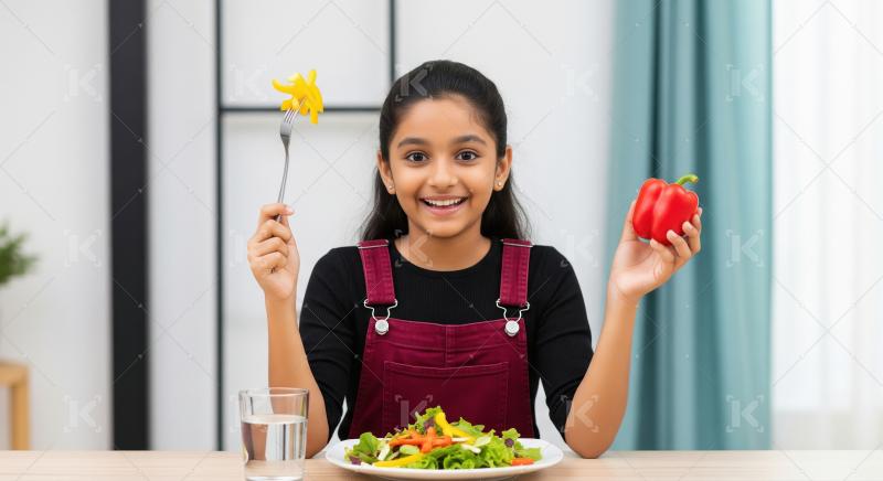 Happy Indian Girl Enjoying Healthy Salad and Fresh Vegetables