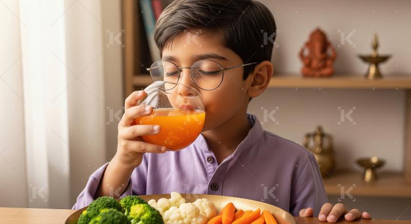 Young Boy Enjoys Healthy Juice with Fresh Vegetables