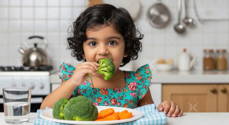 Happy Toddler Eating Fresh Broccoli and Carrots in Kitchen