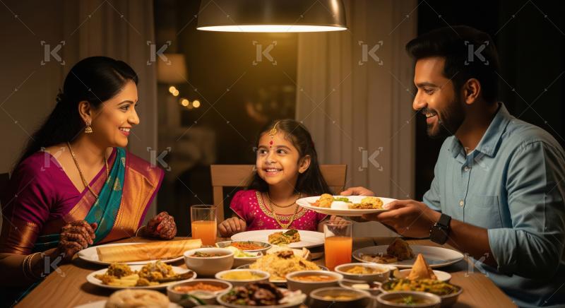 Happy Indian Family Enjoying Traditional Dinner Together At Home