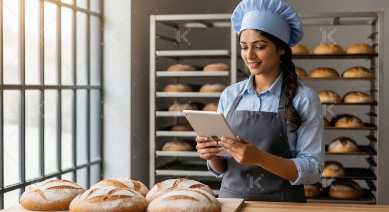 Female Baker Using Tablet in Bakery with Fresh Bread