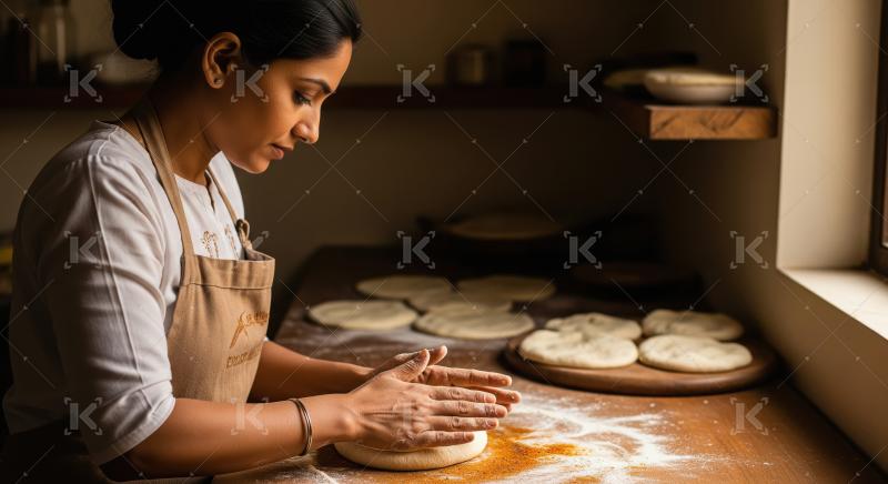Woman Kneading Dough for Traditional Flatbread in Rustic Kitchen