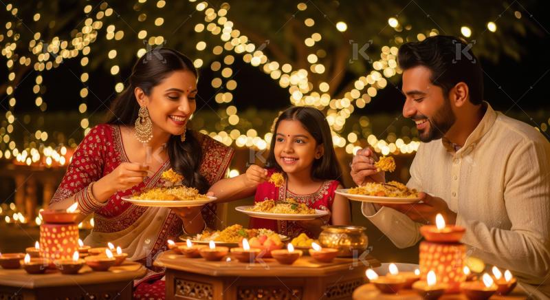 Happy Indian Family Celebrating Diwali Festival with Food and Di