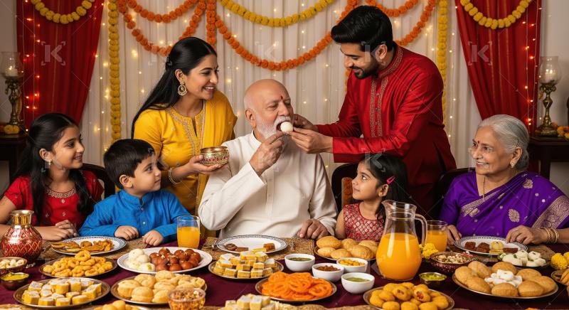 Indian Family Celebrates Festival with Traditional Sweets and Jo
