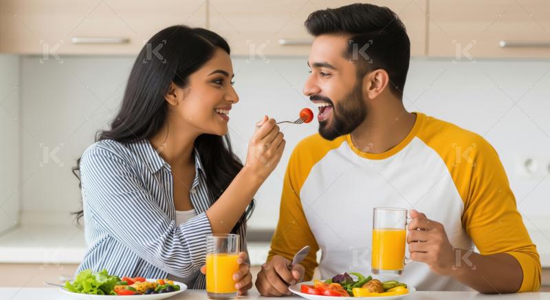 Happy Couple Enjoying Healthy Breakfast Together in Kitchen