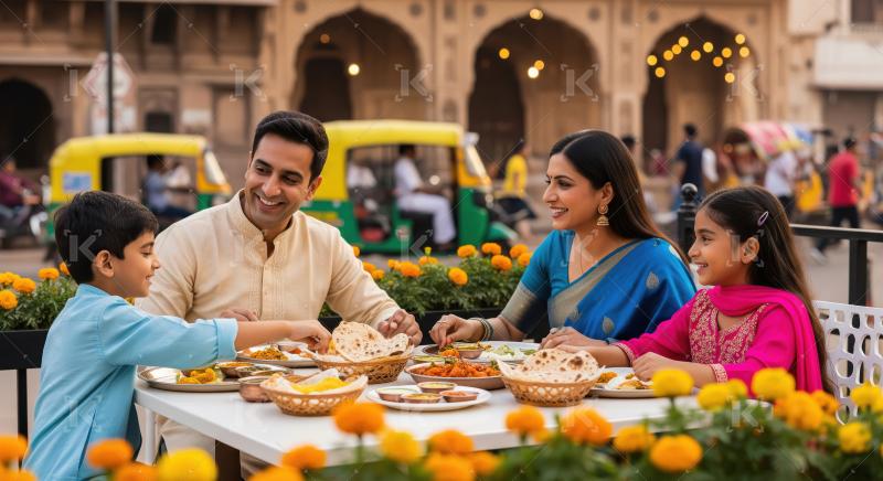 Happy Indian Family Enjoying Traditional Meal Outdoors in City