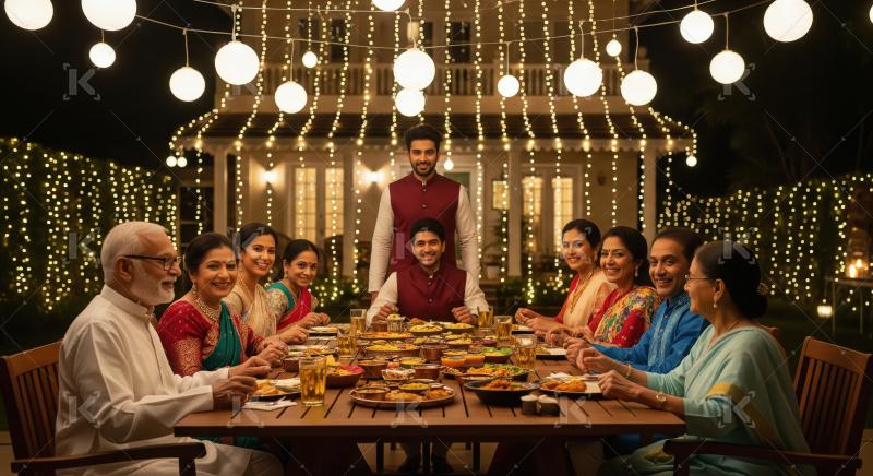 Indian Family Dinner Celebration Outdoors Under Festive Lights